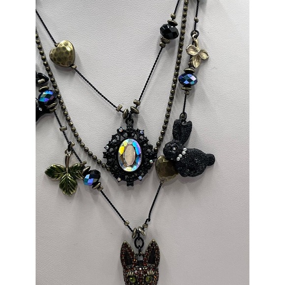 Betsey Johnson Dark Forest Triple Strand Gunmetal Necklace Fox Rabbit Charms - Picture 4 of 16
